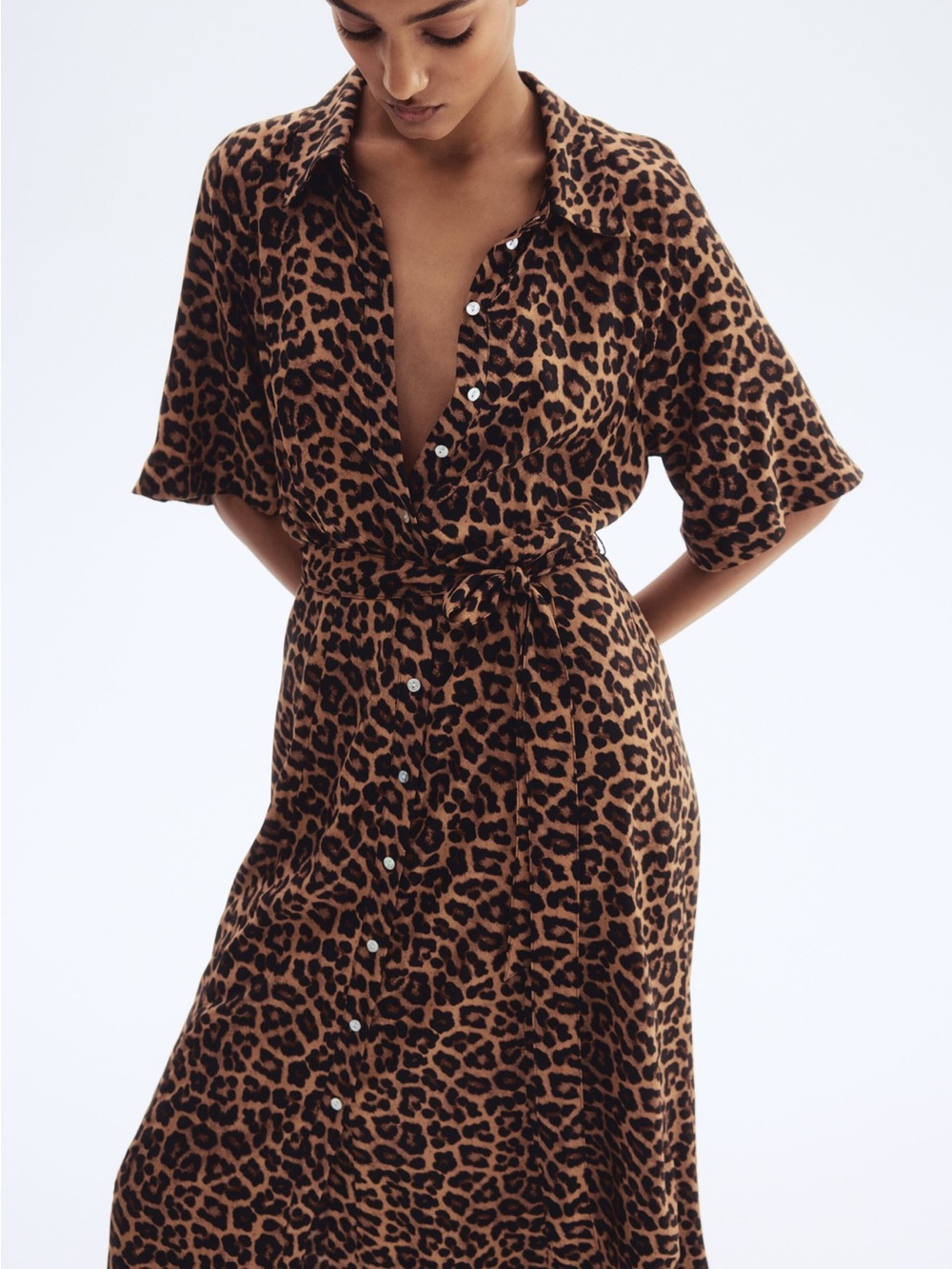 H&M Leopard Print Button-Front Midi Dress - Brown/Black size large like new